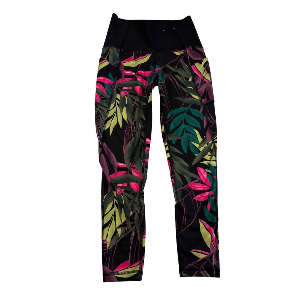 Xersion‎ Womens Tropical Leaf Print 7/8 Ankle Leggings Black Pink Green Small